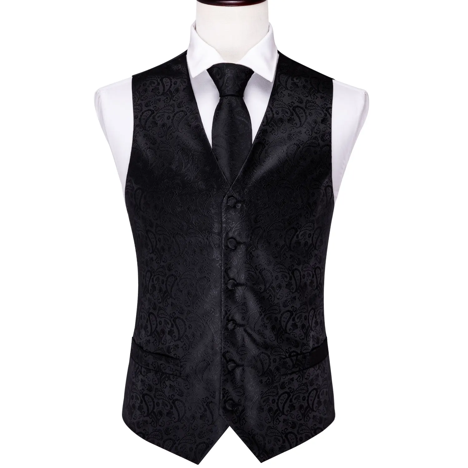 4PC Mens Silk Vest Party Wedding Black Paisley Solid Floral Waistcoat Vest Pocket Square Tie Slim Suit Set Barry.Wang BM-2014