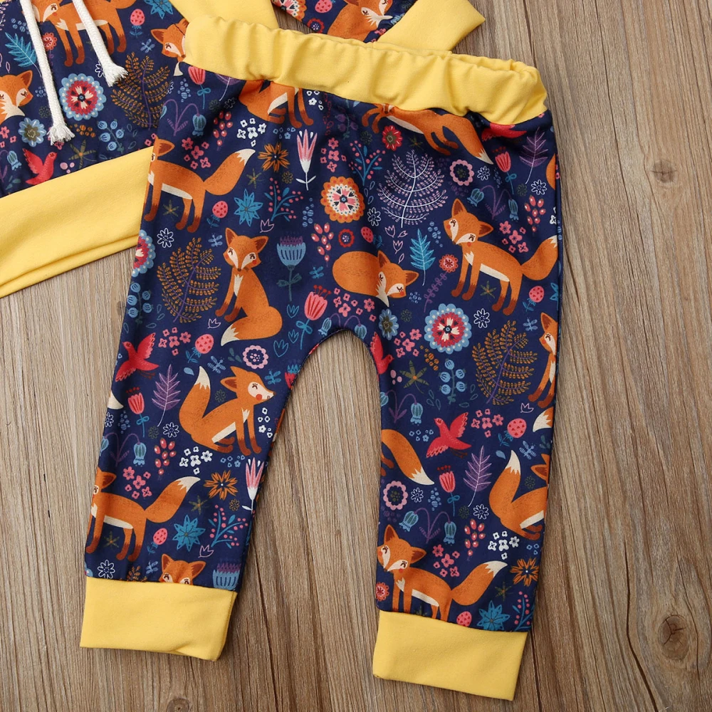 США, топы с капюшоном и рисунком лисы для новорожденных мальчиков и девочек, штаны, леггинсы, одежда, спортивный костюм