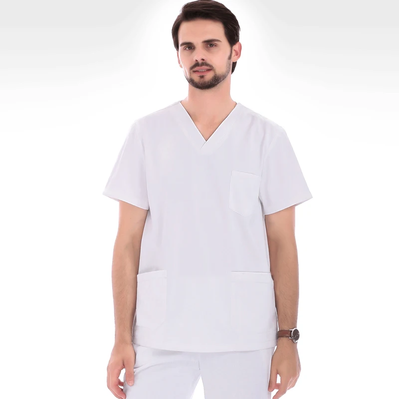 Американский размер, XS-3XL, Мужская медицинская униформа, белая, короткий рукав, скраб-топ, цветная блокировка, v-образный вырез, дизайн и штаны для медперсонала, хирургические скрабы - Цвет: white SET