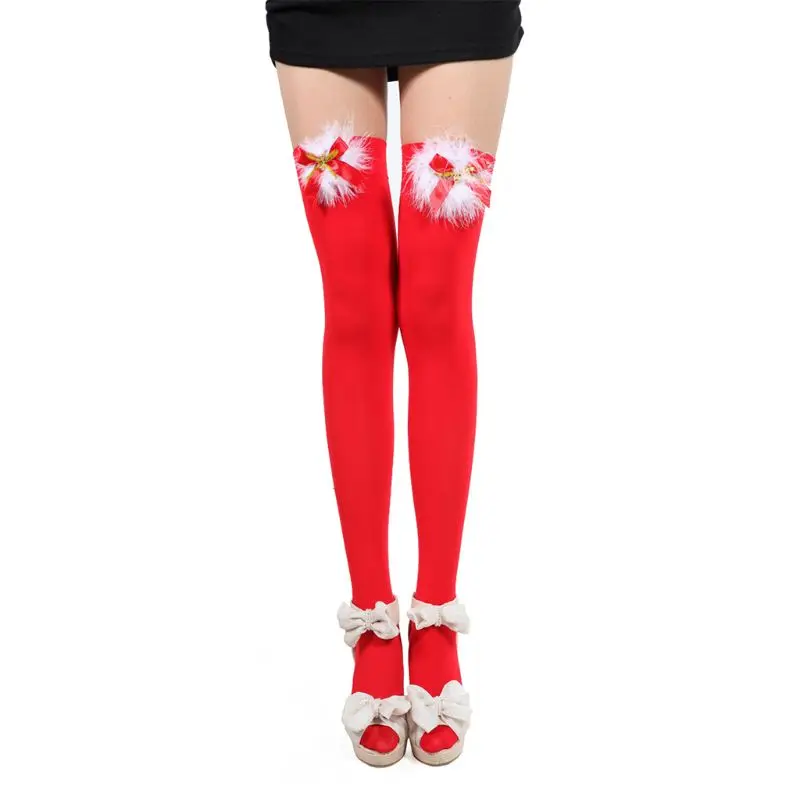 Women Christmas Sexy Thigh High Stockings with Bowknot Bell Cosplay Costume