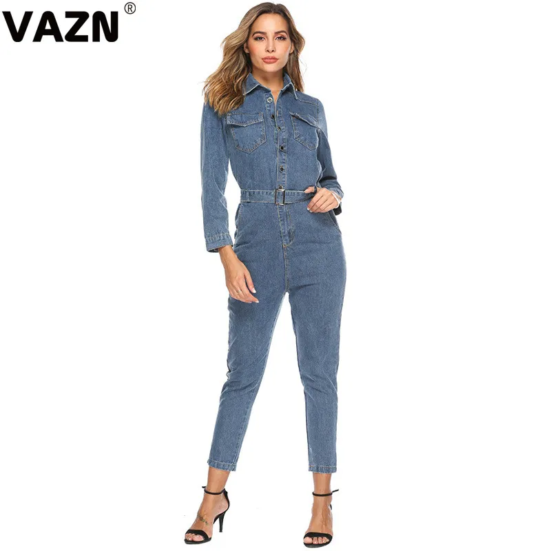 VAZN OSS19466, хит, обычные джинсовые костюмы, комбинезоны, сексуальные, Upmarket, одноцветные, полный рукав, женские, на шнуровке, тонкие комбинезоны с завышенной талией