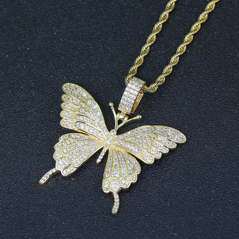 small size gold AAA+ розовый кубический цирконий проложили Bling Ice Out розовое золото бабочка подвески ожерелья для мужчин женщин хип хоп рэппер ювелирные изделия - Окраска металла: small size gold