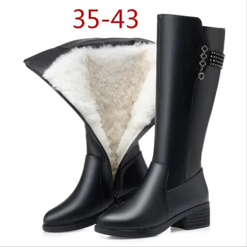 

Women Winter Boots Genuine Leather Female boots high-heeled women long boots wool lined warm snow boots Lady Fashion shoes