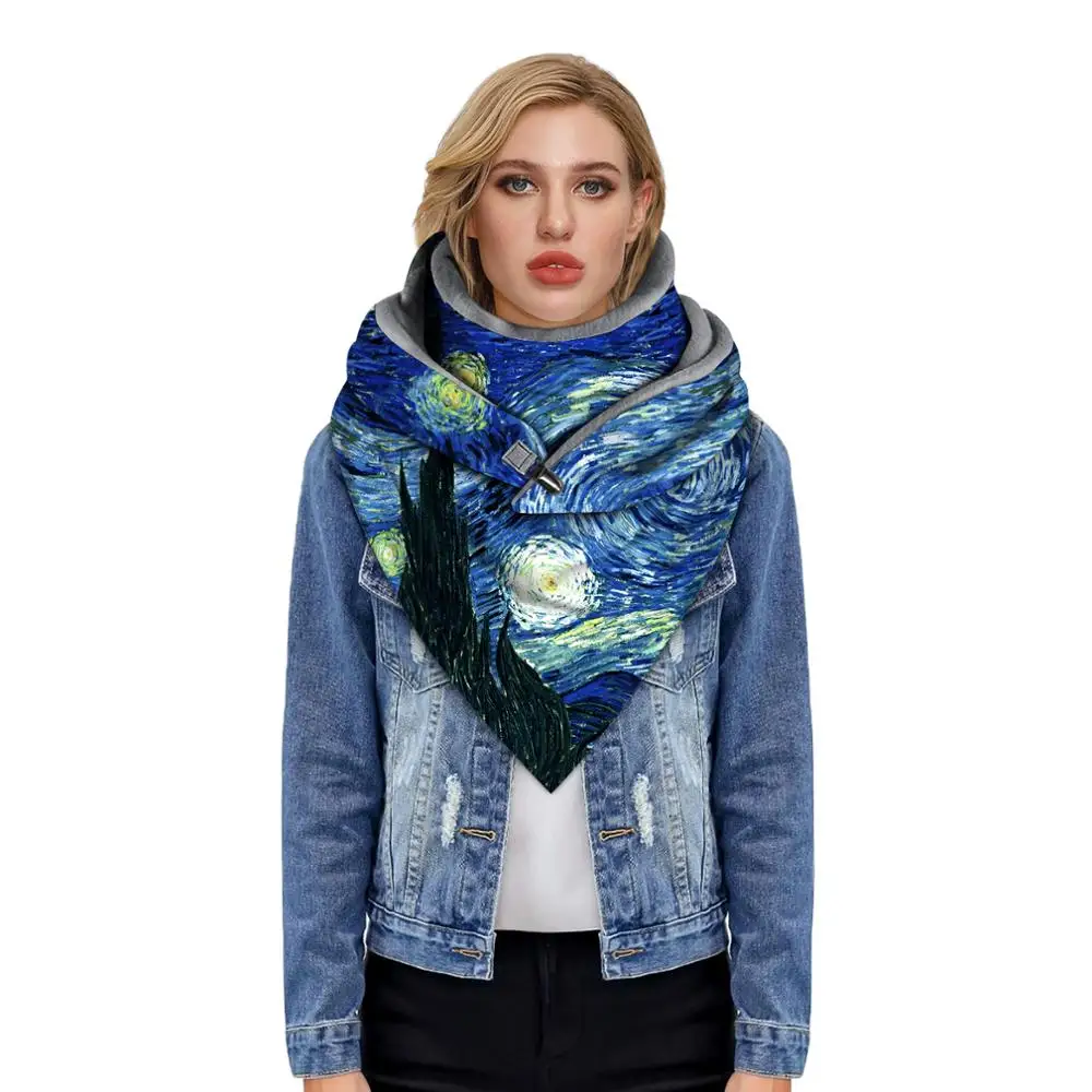 

Van Gogh Starry Sky Printed Vintage Scarf Button Soft Wrap Short Winter Butterfly Pattern Triangle Scarf Women Warm Shawls