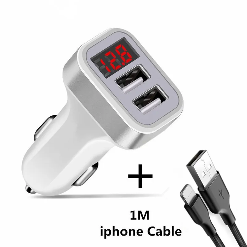 Silver ip Cable Двойной 2 зарядных порта USB для автомобиля Зарядное устройство светодиодный 5 V/2.1A цифровой Дисплей для iphone Xiaomi samsung Быстрая Зарядка адаптер USB кабель для мобильного телефона с Зарядное устройство s - Plug Type: Silver ip Cable