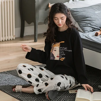 

Autumn Cotton Cartoon Pajamas Set Women Pyjamas Sleepwear Nightwear Pijama Mujer Loose Trousers Homewear Girls Winter Loungewear