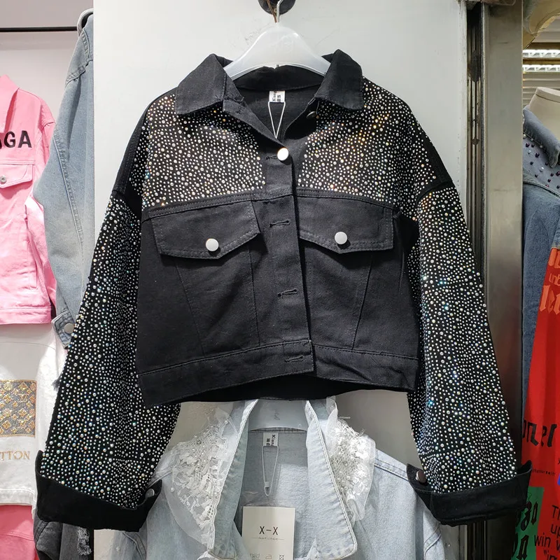 New  2019 Fall New Heavy Work Hot Drill Denim Jacket Woomens Short Jackets Female Black Long Sleeve Leis
