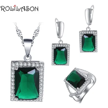 

ROLILASON Surprise wedding gift For girl Green Zircon Square Design 925 Silver Earrings Necklace Rings Jewelry Sets JS754