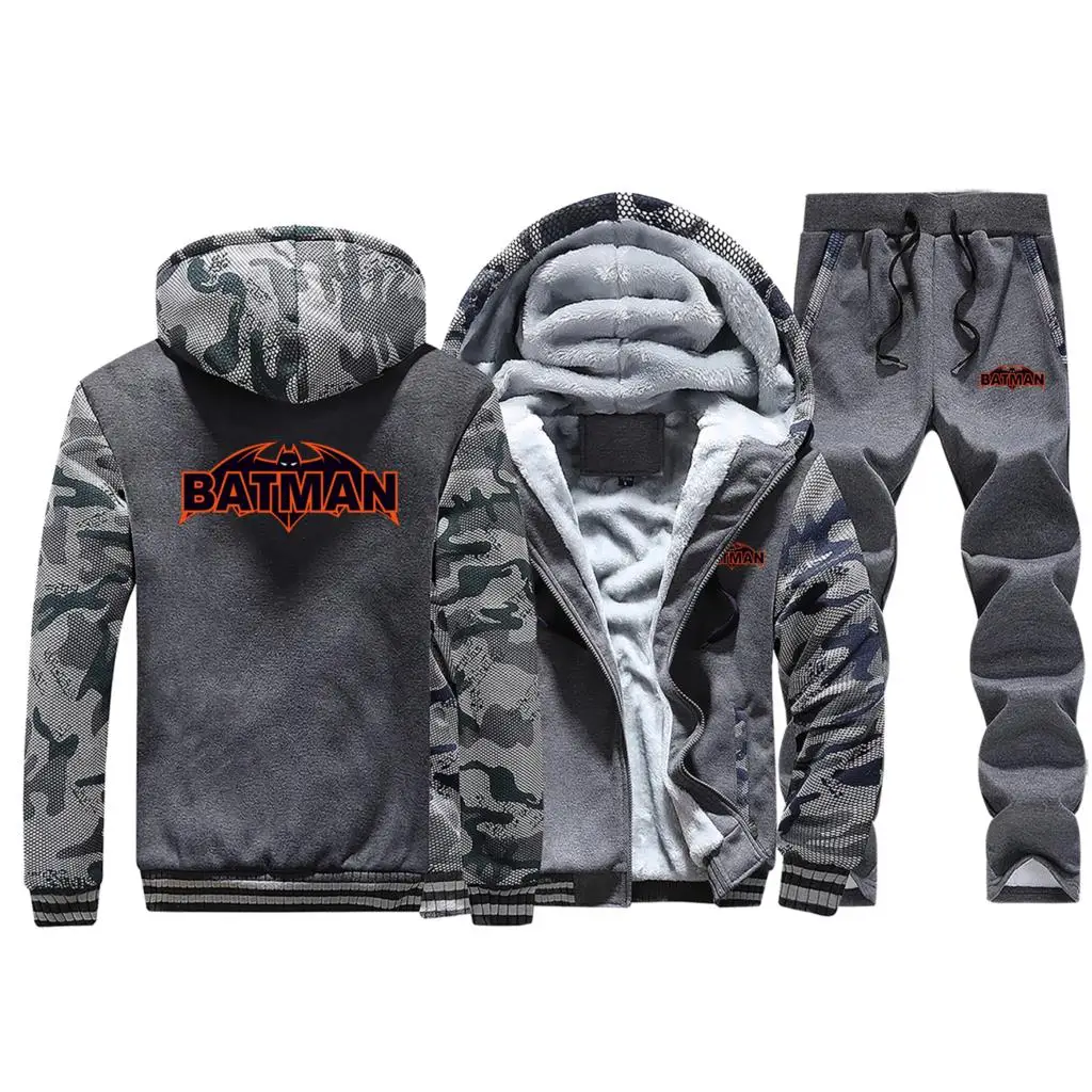 Бэтмен супергерой новая зимняя мода с капюшоном Уличная Камуфляж реглан костюм пальто толстая повседневная толстовка на молнии+ брюки комплект из 2 предметов - Цвет: Dark Gray
