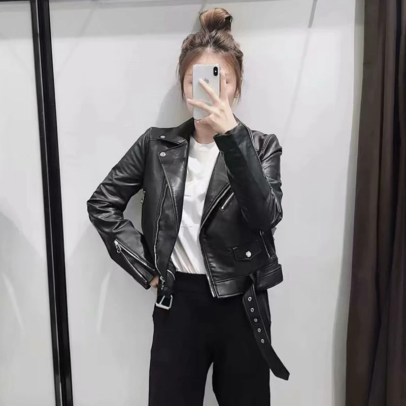 Pu Leather Bomber Jacket With Belt Women Irregular Neck Solid Outwear Zipper Coat Winter Pockets Long Sleeve Female Short Jacket