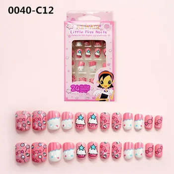 

Cute 24Pcs/Set Press on Children Candy False Nail Tips Cartoon Full Cover Kid Pink Fake Nail Art for Little Girls Manicure Tool