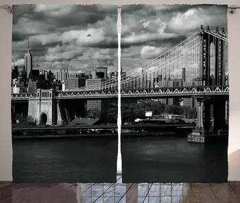 

New York Curtains Decor Black and White Panorama of New York City Skyline with Focus on Manhattan Bridge Living Room Home Decor