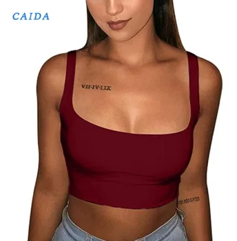 

CAIDA Women Sexy Strappy Tanks Vest Crop Top Solid Color Sleeveless Slash Neck Tanks Women Sports Tank Tops Dropshipping