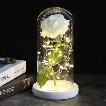 

Eternal Rose flower Beauty And The Beast Red Rose In A Glass Dome On A Wooden Base For Valentine's Gifts LED Rose Night Lamps