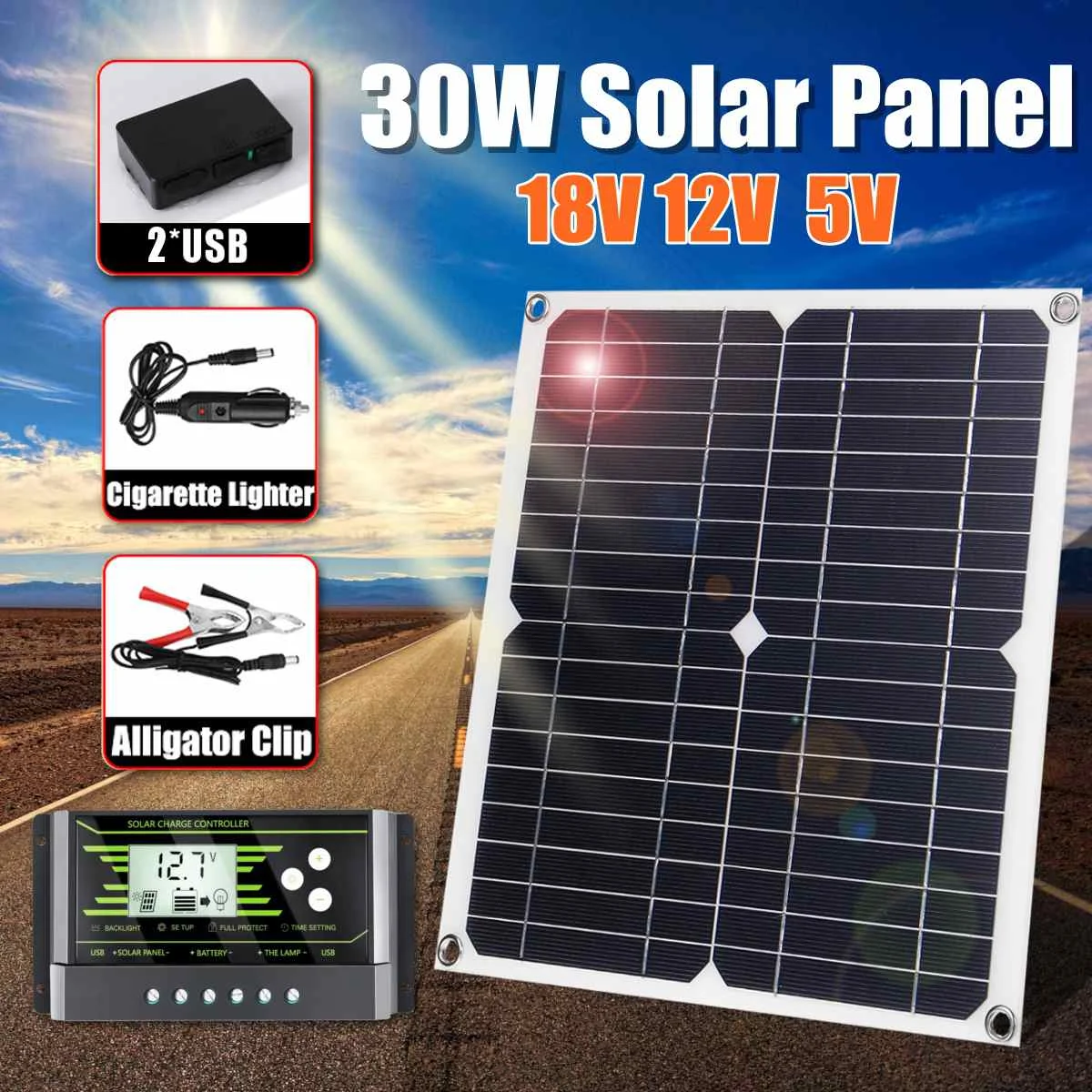 New Design 30W 12V Mono Solar Panel USB Battery Charger Power Bank For Mobile Phone Camping Charger Ultra Thin High Efficiency