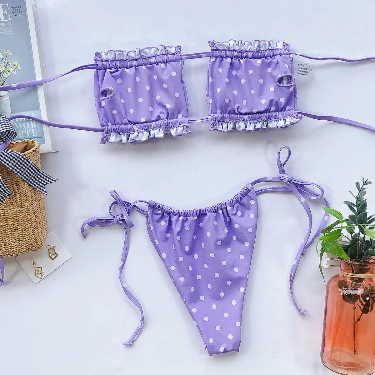 Elegant Purple Swimwear Women Off Shoulder Pleated Bikini Hollow Out Lace Up Bandage Push Up Bathing Suit