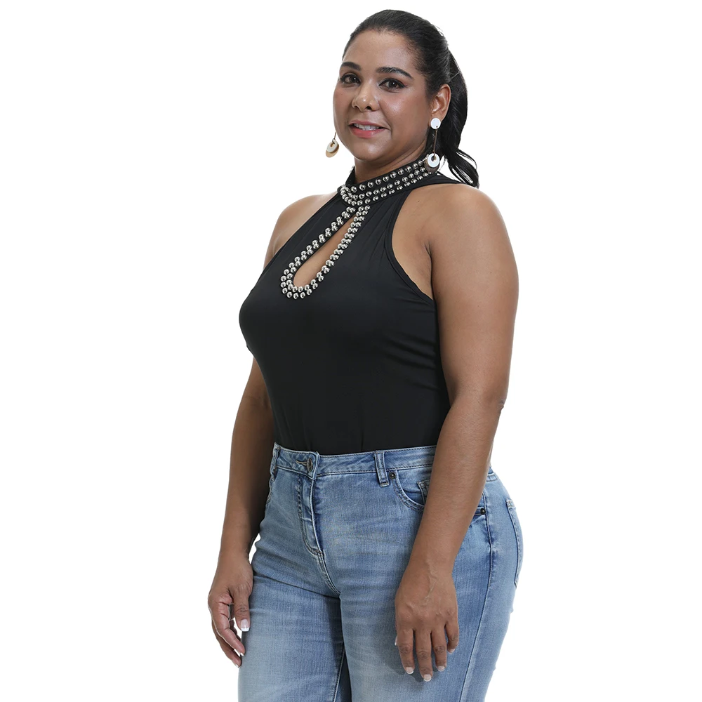 6XL, Женское боди, плюс размер, сексуальное, с вырезом, с бисером, боди для женщин, летнее, без рукавов, облегающее боди, костюм для женщин, уличная одежда, D30