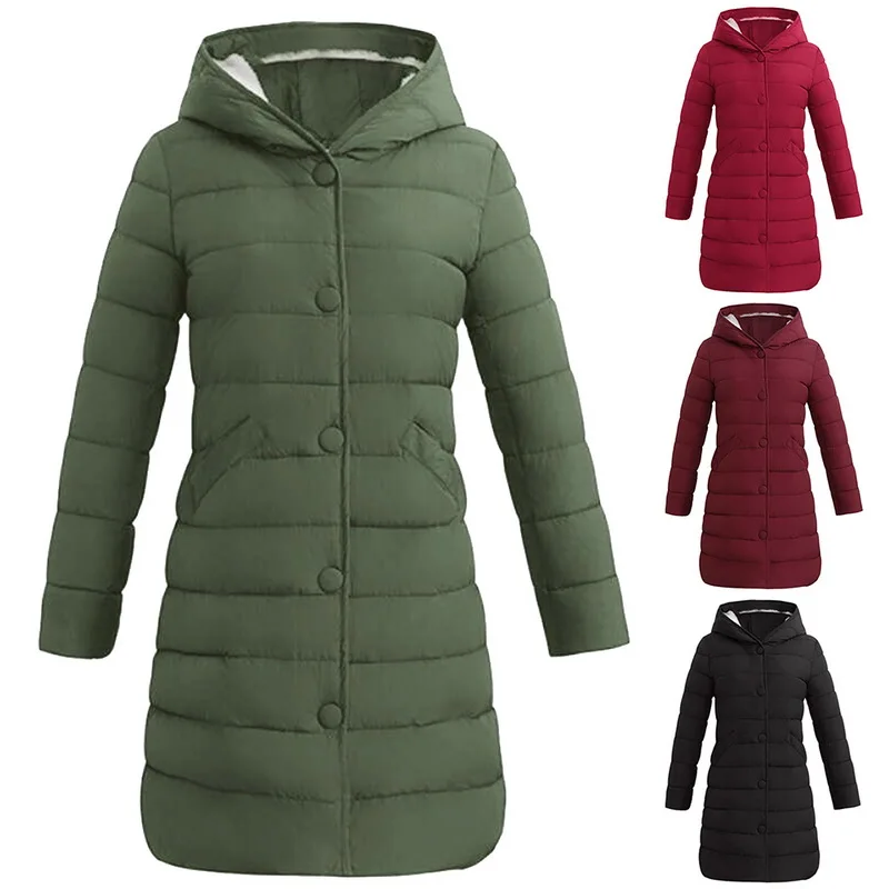 

OEAK 2019 Winter Ladies Parka Coat Women Windproof Long Jackets Warm Hooded Solid Jacket Outwears with Buttons Plus size