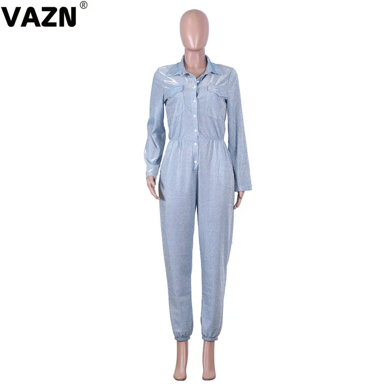 VAZN ME361Solid blue Прямые длинные брюки сафари сексуальный женский комбинезон с отложным воротником с длинными рукавами спортивные костюмы длинный комбинезон