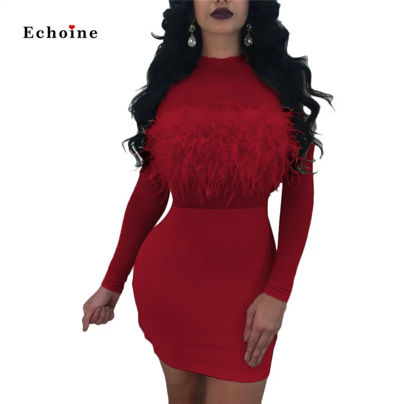 Echoine, для ночного клуба, сексуальное облегающее платье, для женщин, перо, черепаха, для шеи, мини, тонкие, вечерние, Vestidos, высокая эластичность, очаровательные, обтягивающие, женский костюм