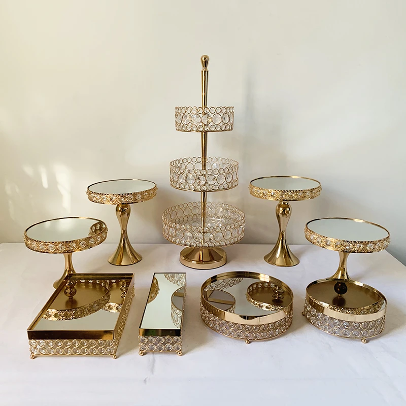 1 11pcs Rectangular Mirror Top Cake Stand Risers Dessert Tray Set (Gold