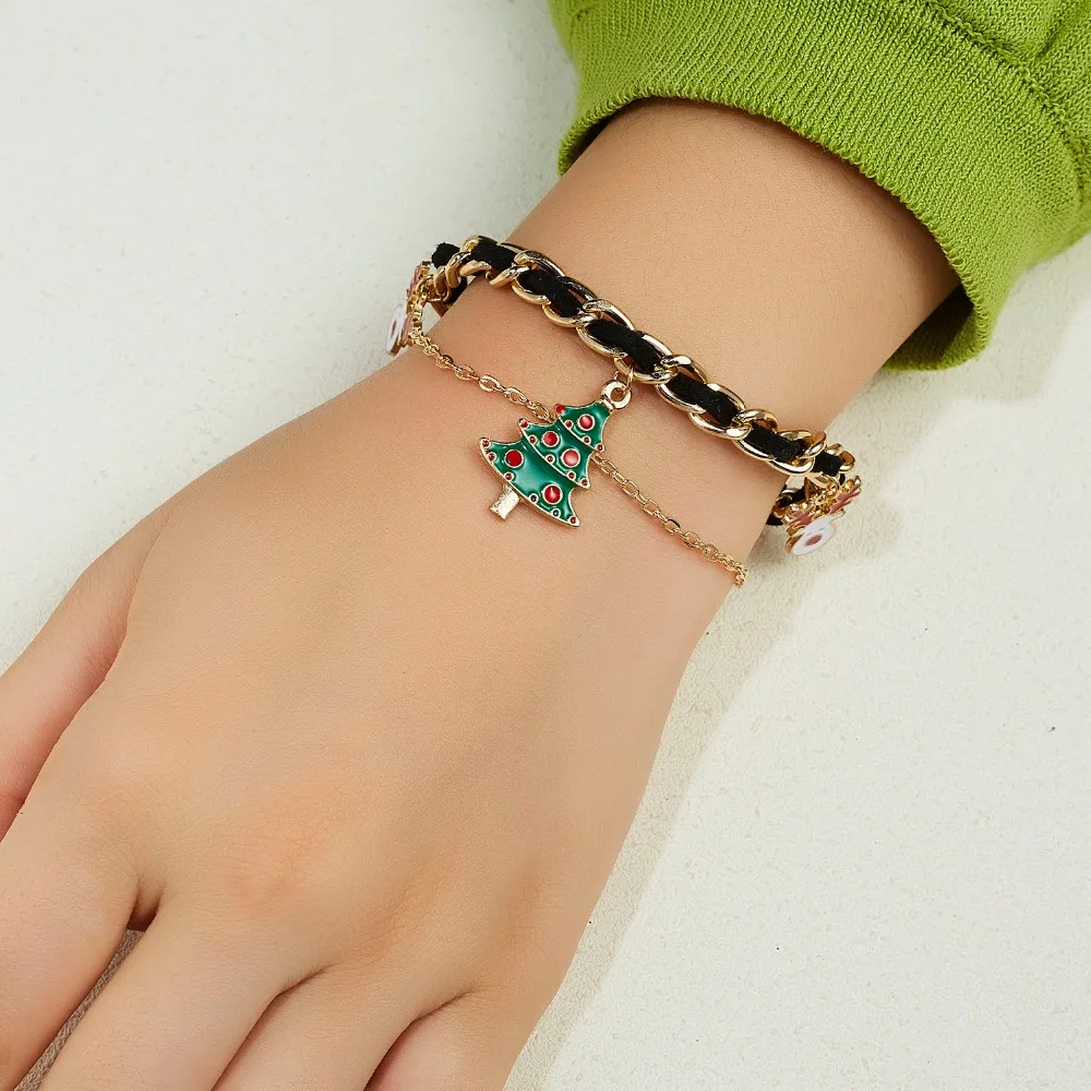 Rinhoo Christmas Adjustable Bracelets Women Santa Claus Elk Xmas Tree Gloves Wreath Snowman Moon Bells Double-layer Bracelets