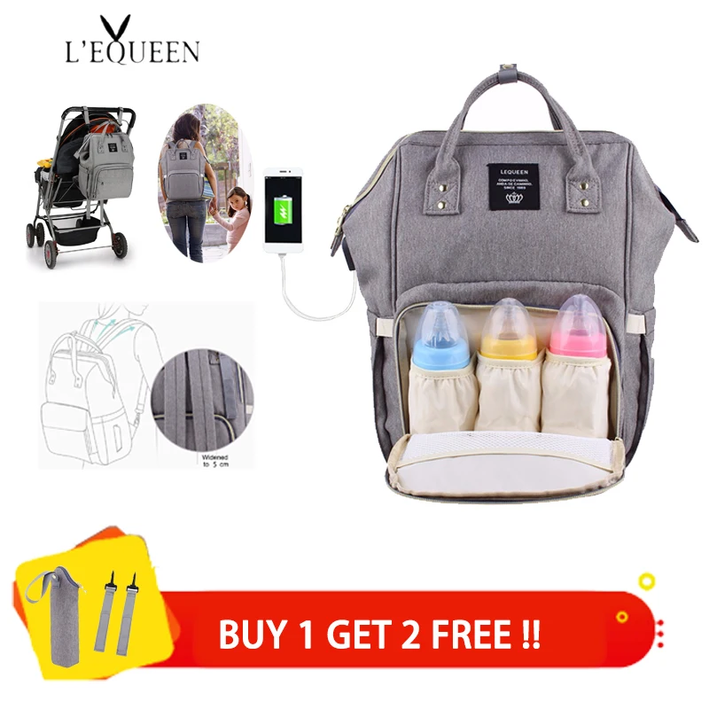 Lequeen USB сумки для подгузников большая сумка для подгузников обновленный модный дорожный рюкзак водонепроницаемая сумка для беременных сумки для мам с 2 крючками
