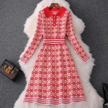

VERDEJULIAY Runway Knitted Dress 2020 Autumn Winter High Quality Dots Print Full Sleeve Turn-Down Collar Slim Warm Knee Dress