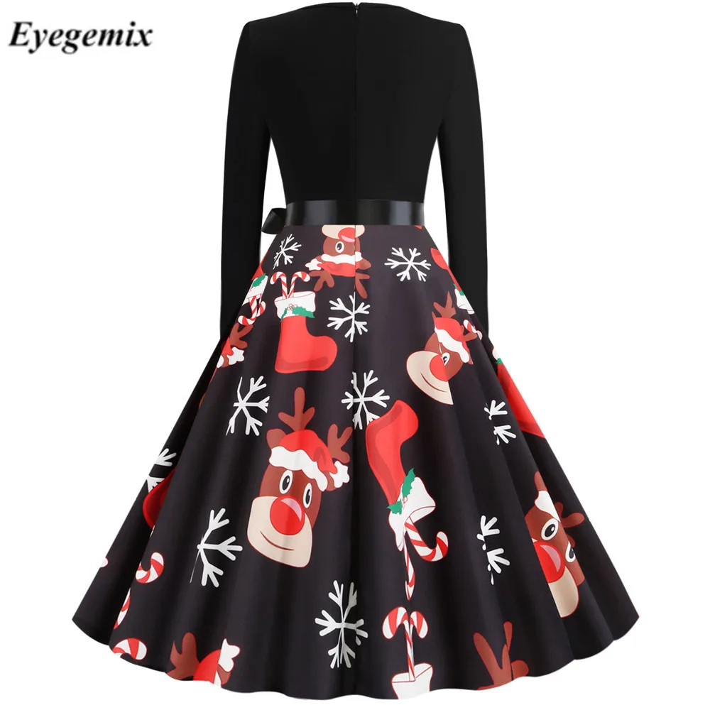 Черное винтажное рождественское платье большого размера плюс 3XL с принтом, Женское зимнее повседневное сексуальное Новогоднее платье с длинным рукавом и v-образным вырезом