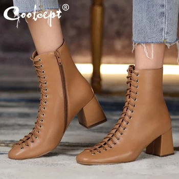 

Coolcept Women Real Leather Ankle Boots Fashion Women Zipper Boots Winter Warm Shoes Women Boots Cool footwear Size 33-41