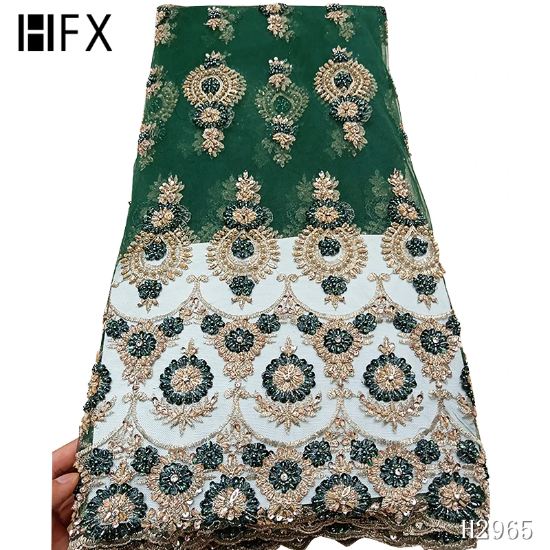 

HFX Latest African Lace Fabric With Beads Handmade Heavy Beaded Lace Fabric Embroidered Mesh Lace Fabric For Wedding Dress F2965