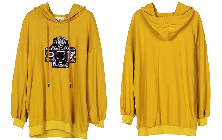 AOFULI L~ 5XL кофта с капюшоном с пайетками Женская толстовка; осень зима уличная одежда большого размера летучая мышь длинный рукав желтый пуловер Топы A4069