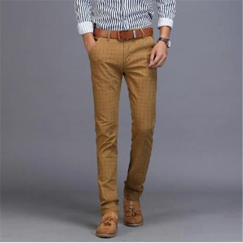 3.1     38、Mens Cotton Linen Slim Fit Formal Plaid Suit Pants Men Skinny Work Pants Office Wear Mens Dress Trousers Khaki Black Grey Blue