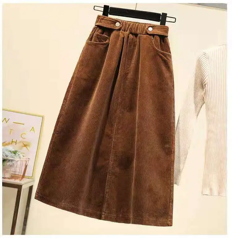 Khaki skirt FairyShely Женская юбка осень зима вельветовые разрезные юбки элегантный корейский стиль Мода карман Высокая талия длинная юбка Femme - Цвет: Khaki skirt