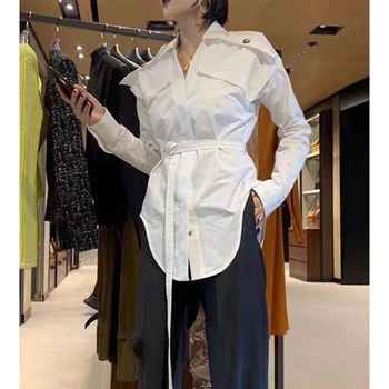 

Cosmicchic 2020 Womens White Tops And Blouses Long Sleeve Lapel Collar High Waist Irregular Vintage Belt Blouse Fashion Shirt
