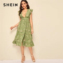 SHEIN цветочное гофрированное платье с разрезом по бедру, с поясом, длинное женское летнее платье с глубоким v-образным вырезом, без рукавов, а-силуэт, сексуальные платья с высокой талией
