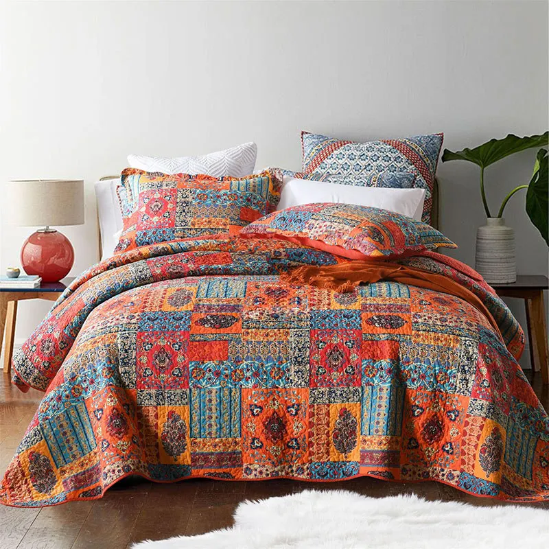 

Bohemia Printed Quilted Bedspread for Double Bed Queen Quilt Set Summer Air Conditioning Blanket 3pcs Pillowcase Soft