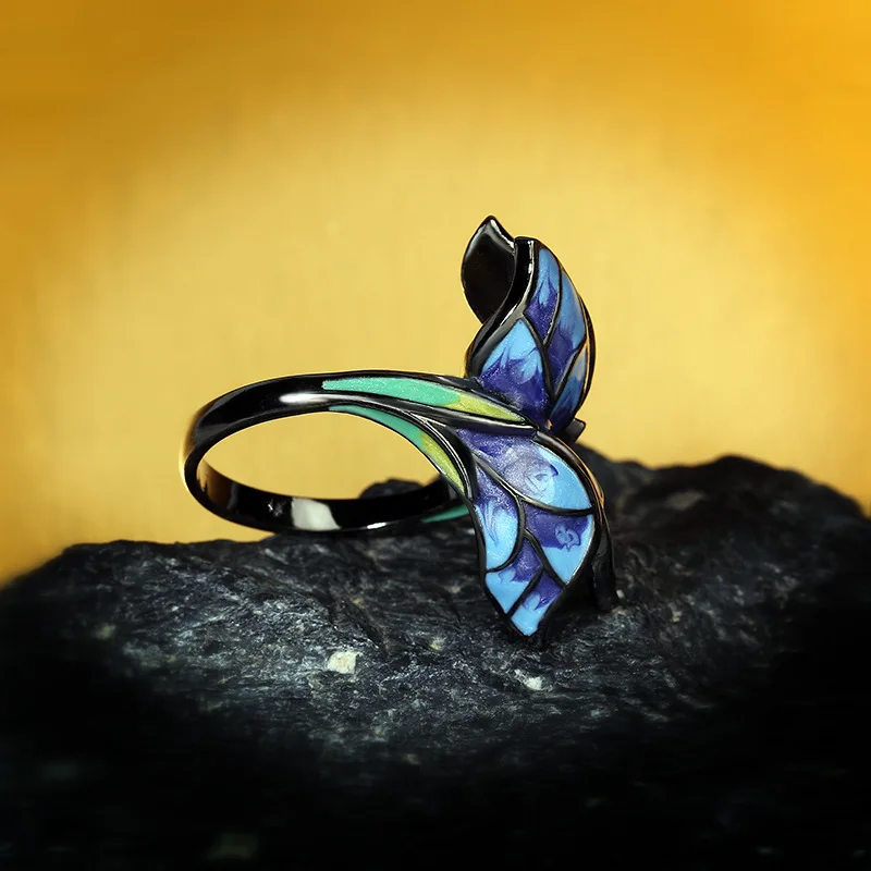 Women Jewelry Unique Shape Blue Butterfly Enamel Ring Elegant Party Handmade