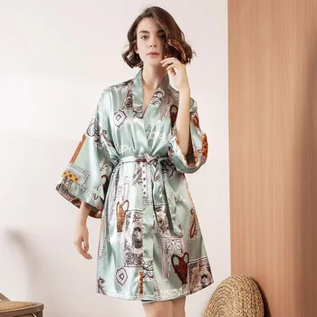 

Ladies Nightgown Sexy Silk Satin Robe Women Leopard Print Sleepwear Comfort Loose Soft Dress Femme Homewear For Spring And Fall