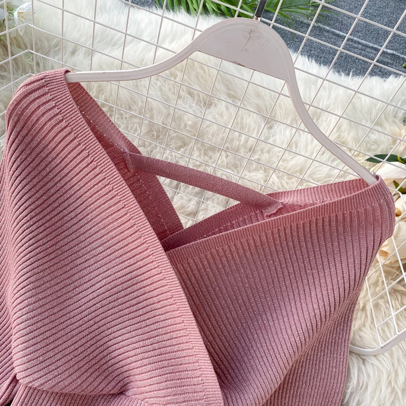 ALPHALMODA, сверкающий свитер, плиссированная юбка А-силуэта, женский модный костюм из 2 предметов, яркий Шелковый свитер с рукавом «летучая мышь», плиссированная юбка, комплект