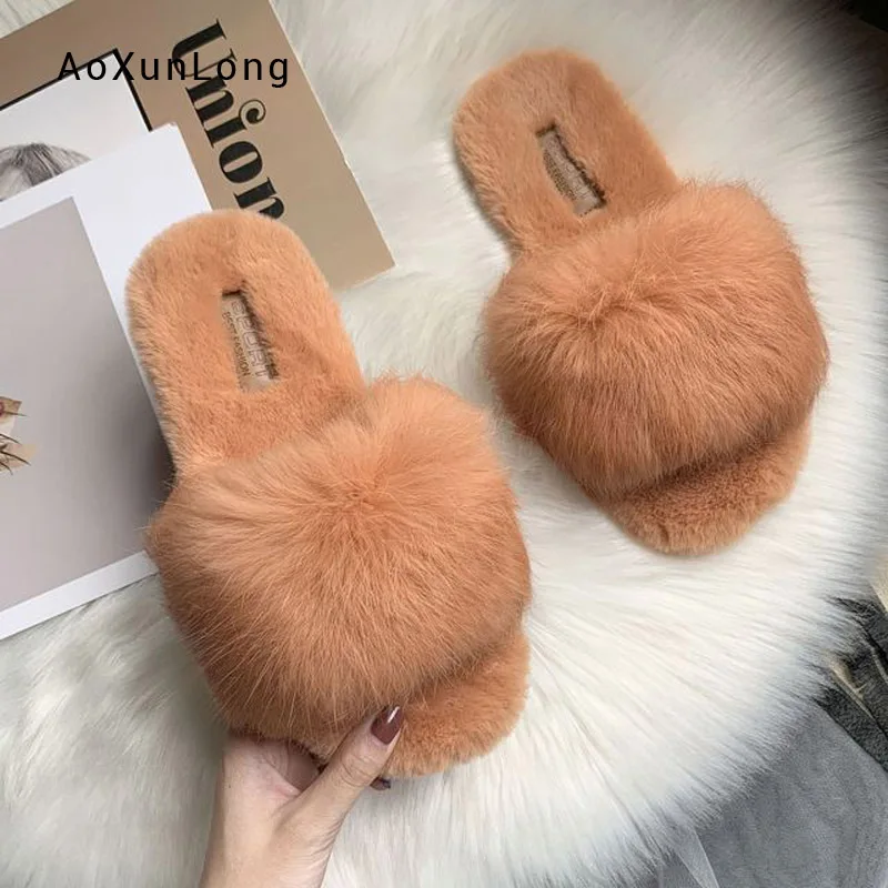 Brown Тапочки с натуральным кроличьим мехом женские г. Новые Плюшевые сандалии осень-зима уличная теплая пушистая обувь женские меховые шлепанцы - Цвет: Brown