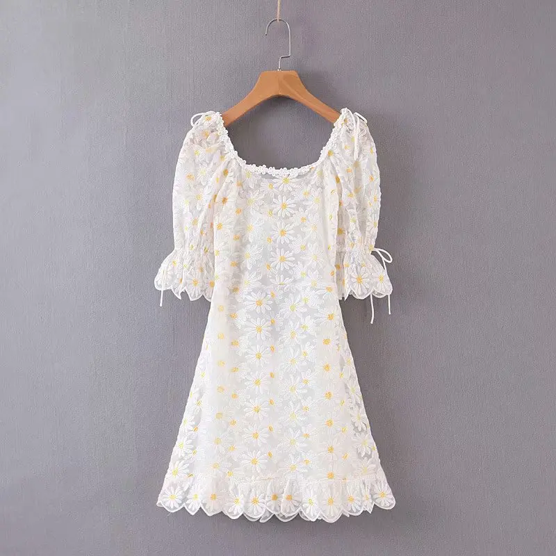 Для любви брюле Дейзи Мини платье для женщин мягкий тюль скрытая молния сзади кружево отделка подкладка повторяющийся цветочный вышивка летнее платье