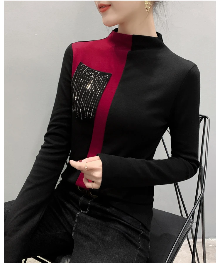 Blusas Mujer De Moda, Корейская тонкая рубашка с длинным рукавом для женщин, модные офисные женские топы, повседневные топы с круглым вырезом и стразами 7840 50