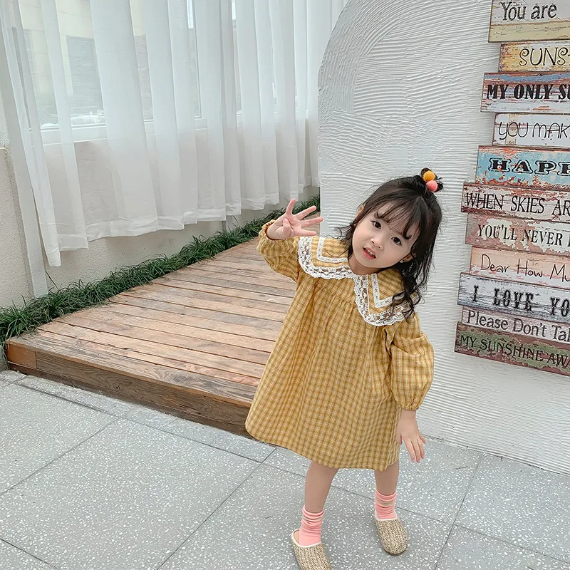 Baby Girls Plaid Dress Korean Style Autumn New Chic Children Princess Dresses Lace Collar Robe Toddlers Kids Clothes