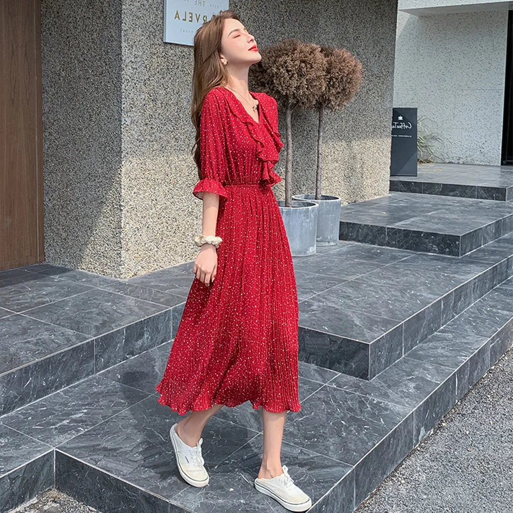 

Banulin V-Neck Polka Dots Female Dress Flare Sleeve Elastic Waist Chiffon Pleated Women Dress 2020 Summer Midi Vestidos femme