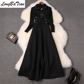 

Winter Full Sleeve Stand Pullover Peter pan Collar Strap 2 Piece Women Elegant Black Patry Dress Set