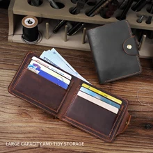 Retro Men Wallet Cow Genuine Leather Short Wallets With Hasp Handmade Crazy Horse Leather Credit Card Slot Clutch Wallet