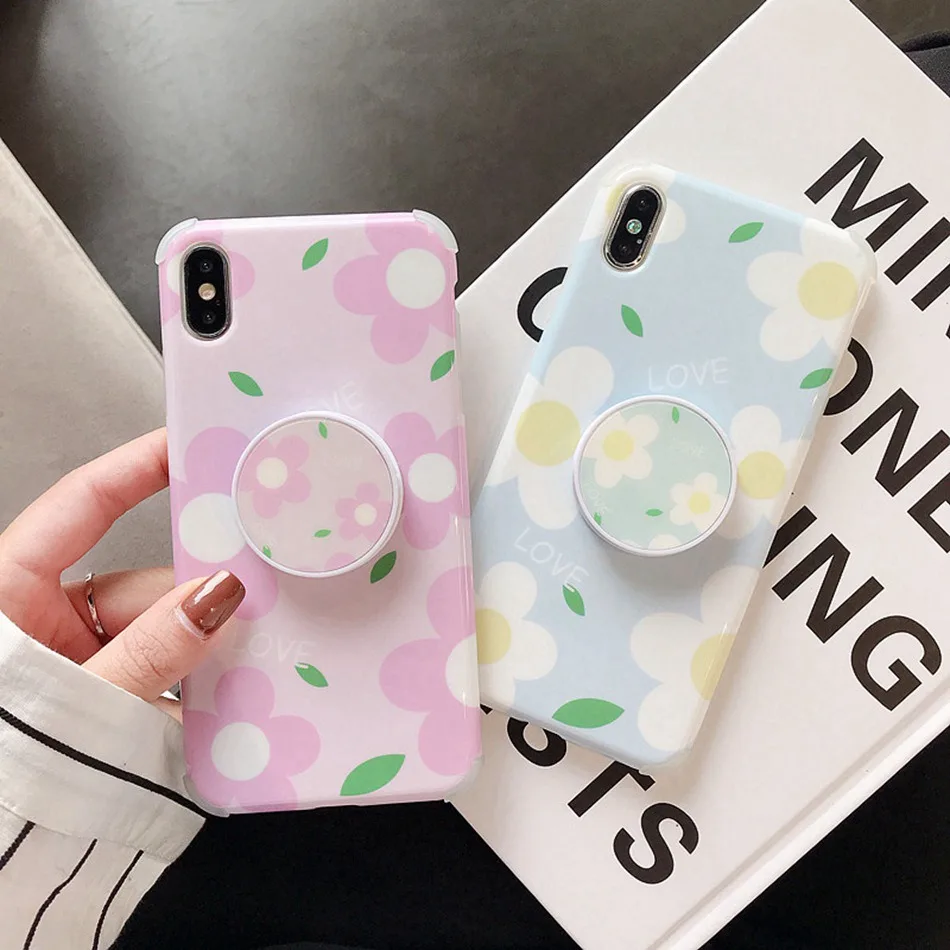 

For iPhone 7 Plus XR X XS Max Case Summer Fresh Small Floral Four Corners Holder Cover For iPhone 8 6 6s Plus Soft TPU Coque