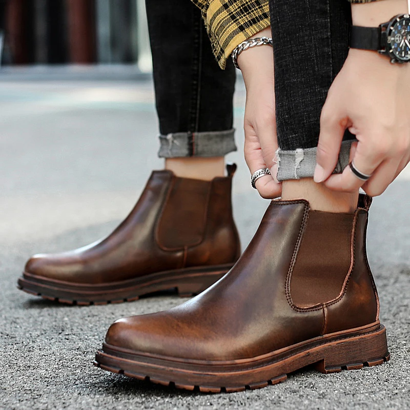 

2019 Winter High Quality Genuine Leather Chelsea Boots Men Comfortable Casual Slip-on With Fur Keep Wram Shoes For Male Botas