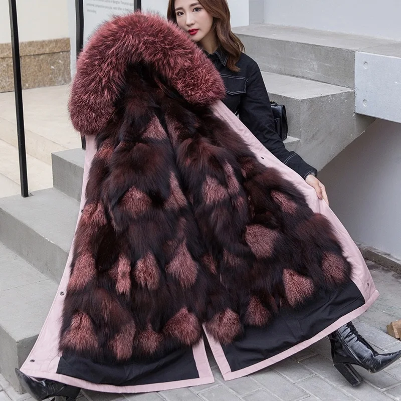 Зимняя женская куртка, пальто с натуральным мехом, толстая теплая парка с воротником из натурального Лисьего меха, верхняя одежда, подкладка из лисьего меха, уличная одежда, новинка - Цвет: C13 X-long